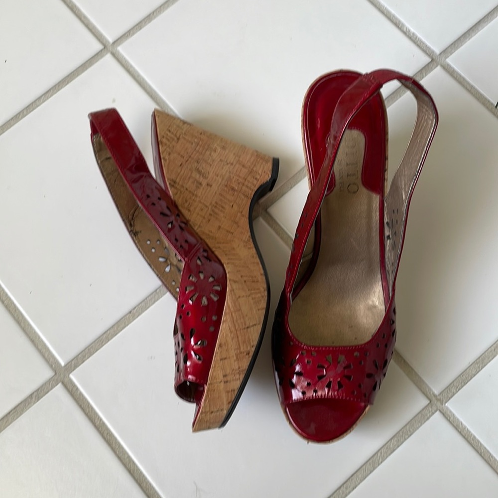 Red patent cork wedge platform shoe